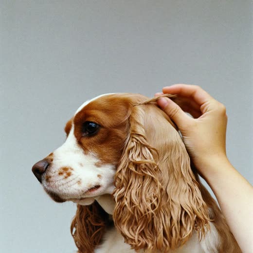 A long-haired dog being brushed